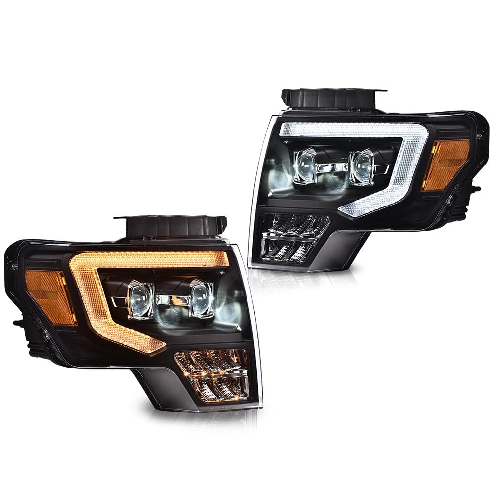 G-PLUS Left & Right Side Headlights Assembly & Tail lights Compatible with Ford F150 2009 2010 2011 2012 2013 2014 (Clear Lens Black Housing Amber Reflector Headlights + Tail lights)