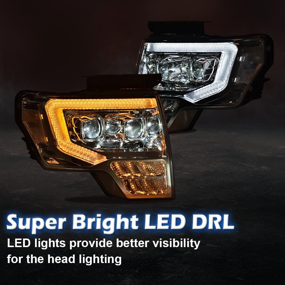 G-PLUS Headlights LED DRL Compatible with Ford F150 2009-2014 Headlamps Pair Left & Right Tube Dual Projector Clear Lens Chrome Housing Clear Reflector,faros delanteros
