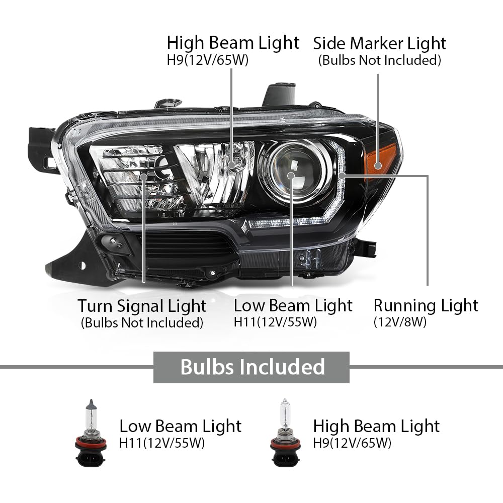G-PLUS Headlights Assembly Headlamps w/LED DRL Compatible with Toyota Tacoma 2016 2017 2018 2019 2020 2021 2022 Clear Lens Black Housing Amber Reflector TO2502244, TO2503244 faros delanteros