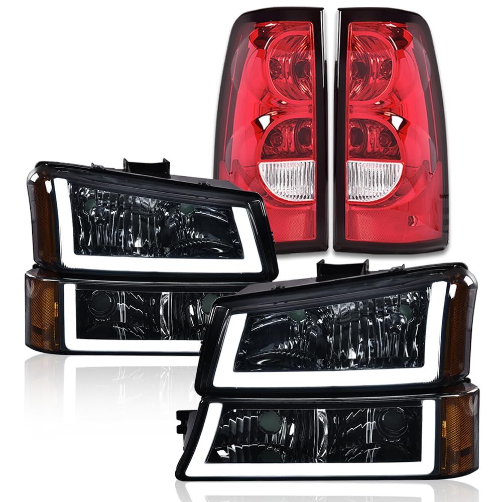G-PLUS LED Headlights Assembly & Tail Lights Fit Chevy Silverado 1500 1500 HD 2500 2500 HD 2003-2006, Smoky Lens Chrome Housing Amber Reflector Headlamps Assembly Red Taillights