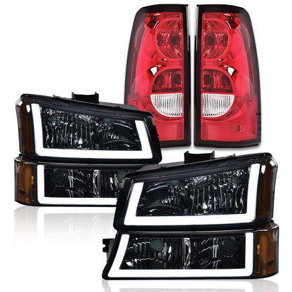 G-PLUS LED Headlights Assembly & Tail Lights Fit Chevy Silverado 1500 1500 HD 2500 2500 HD 2003-2006, Smoky Lens Chrome Housing Amber Reflector Headlamps Assembly Red Taillights