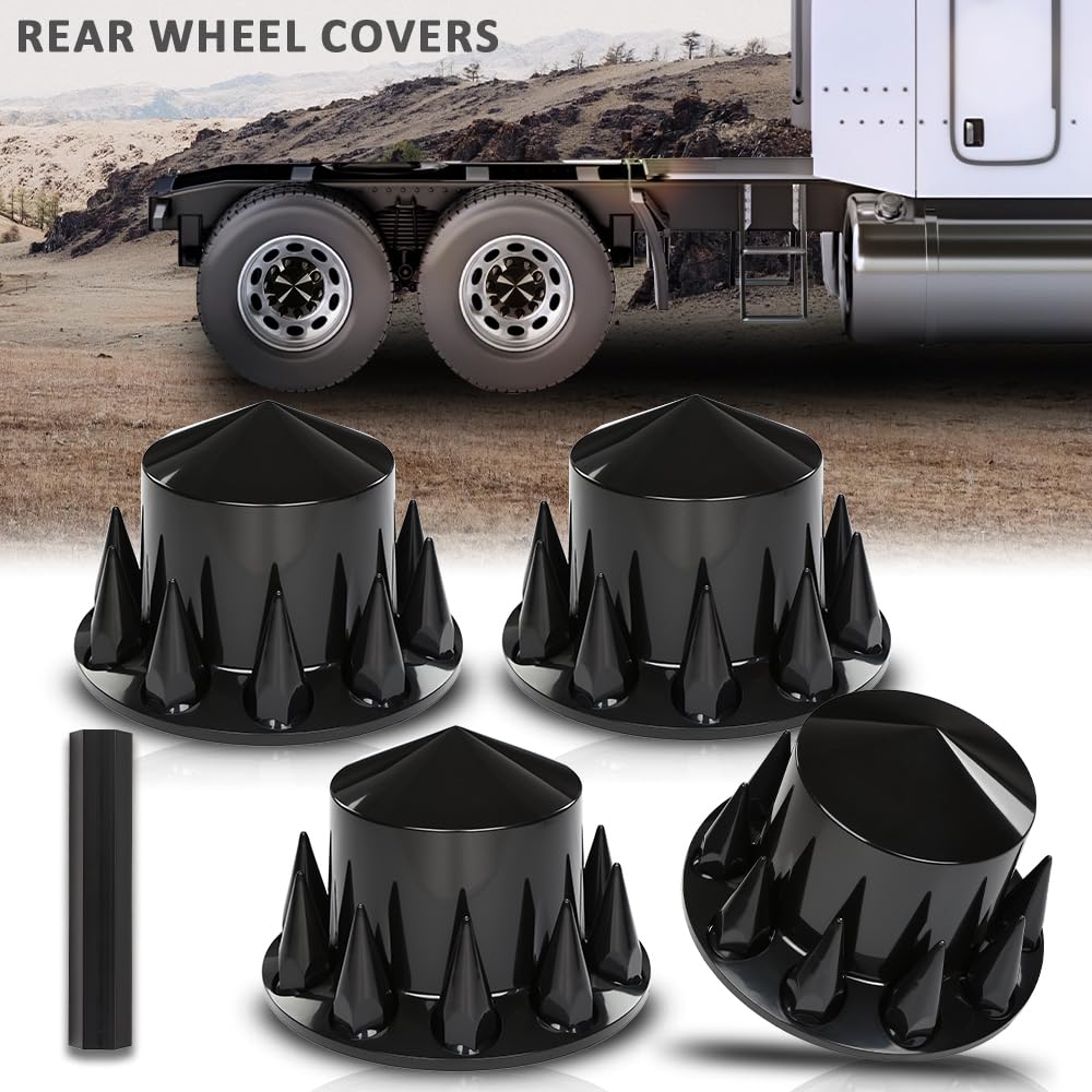 G-PLUS Rear Wheel Cover Axle 33mm Spiked Hub Cover Kit Compatible with Semi-Trucks 22.5" and 24.5" Wheels ABS Plastic Black