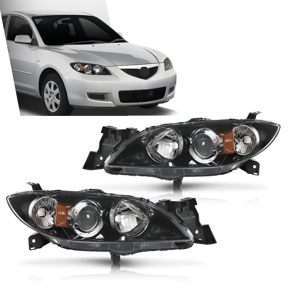 G-PLUS Projector Headlights Assembly Compatible with Mazda 3 4-Door Sedan 2004-2009,NOT Fit Hatchback Models, Headlamps,faros delanteros Clear Lens Black Housing Amber Reflector Left & Right