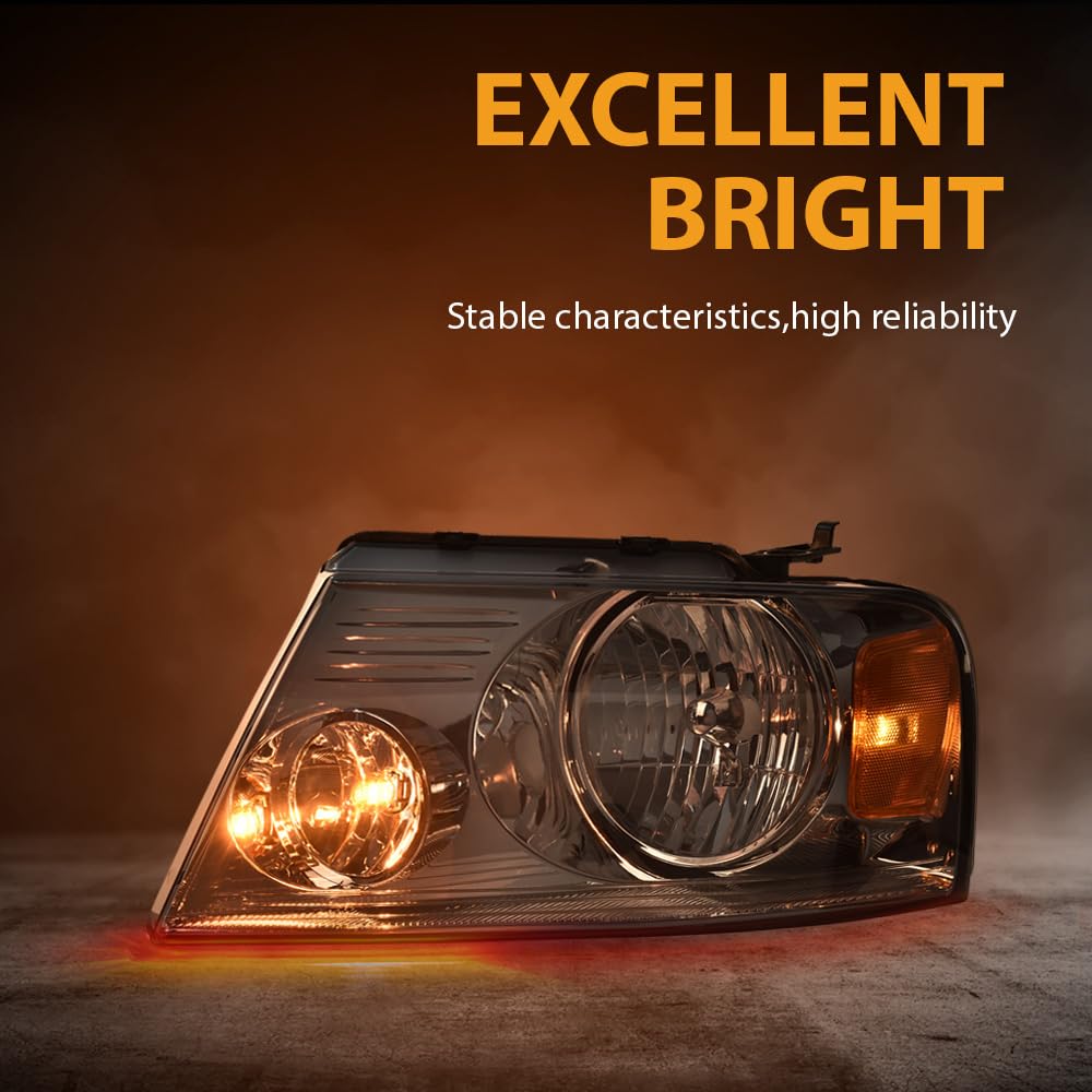 G-PLUS Headlights Assembly, Fit 2004-2008 Ford F150/2006-2008 Lincoln Mark Lt(NOT Fit 2004 F150 Heritage/Flareside Beds),Smoky Lens Chrome Housing Amber Reflector Bumper Headlamps