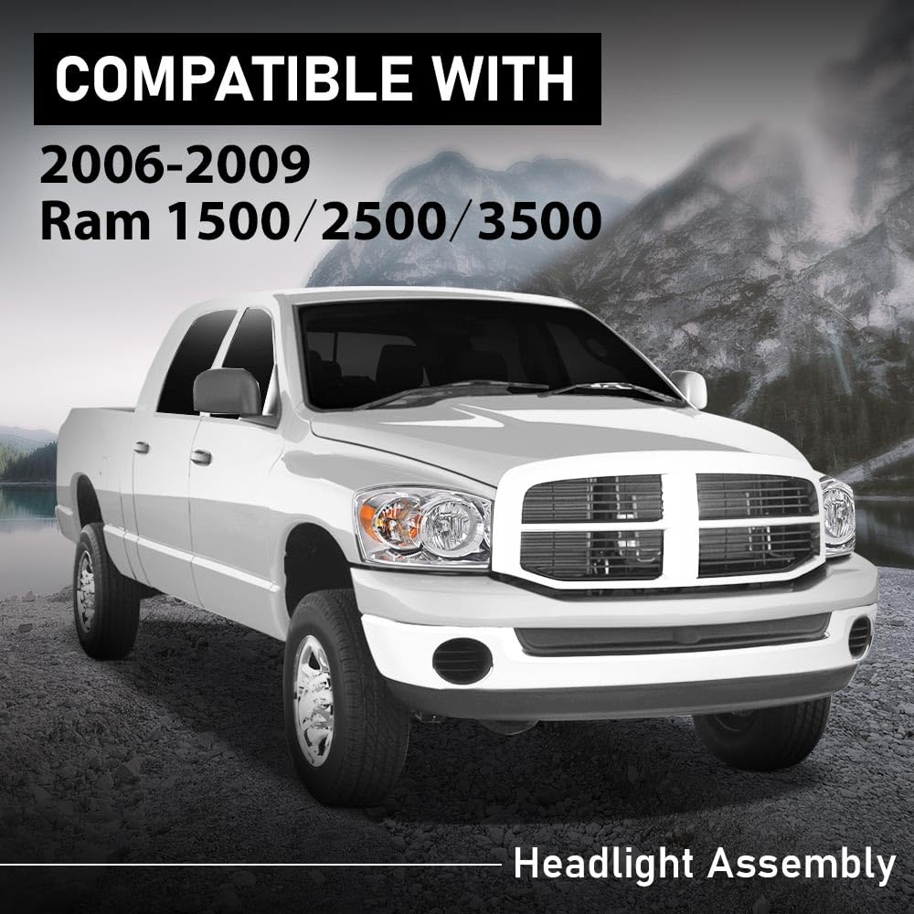 G-PLUS Headlights w/Bulbs Pair Compatible with Dodge Ram 1500 2006-2008/Fit Dodge Ram 2500 3500 2006-2009 68003125AD, 68003124AD, CH2502180, CH2503180 Clear Lens Chrome Housing Amber Reflector