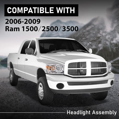 G-PLUS Headlights w/Bulbs Pair Compatible with Dodge Ram 1500 2006-2008/Fit Dodge Ram 2500 3500 2006-2009 68003125AD, 68003124AD, CH2502180, CH2503180 Clear Lens Chrome Housing Amber Reflector