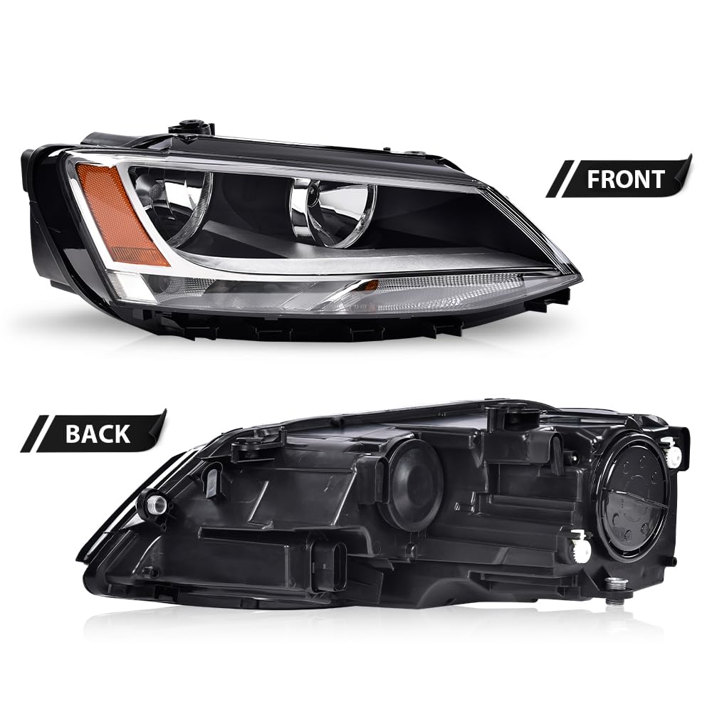 G-PLUS Headlights Headlamps w/Bulbs Right Passenger Compatible with Volkswagen Jetta 2011-2018 5C7941006, VW2503146 Clear Lens Chrome Housing Amber Reflector
