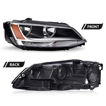 G-PLUS Headlights Headlamps w/Bulbs Right Passenger Compatible with Volkswagen Jetta 2011-2018 5C7941006, VW2503146 Clear Lens Chrome Housing Amber Reflector