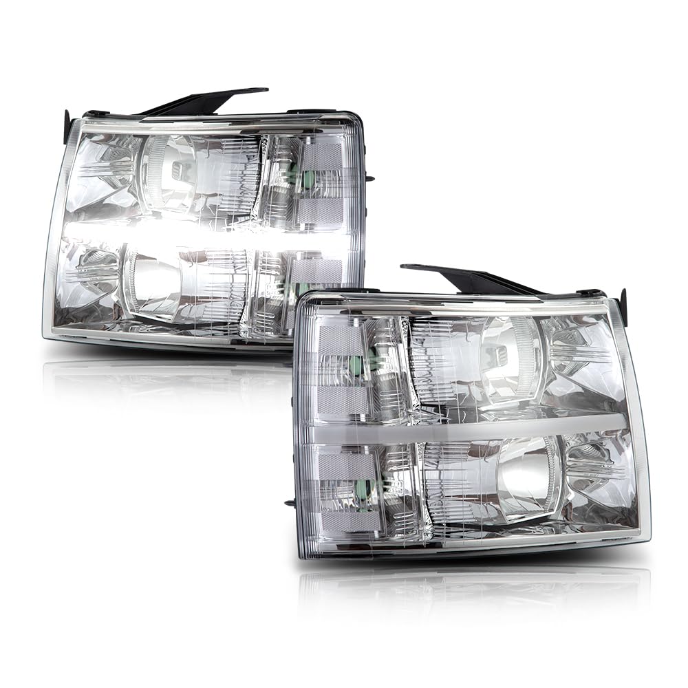 G-PLUS LED DRL Headlights, Fit Chevy Silverado 2500 3500 & HD 2007-2014/Fit Chevy Silverado 1500 2007-2013 Headlamps, Left & Right Clear Lens Chrome Housing Clear Reflector,faros delanteros