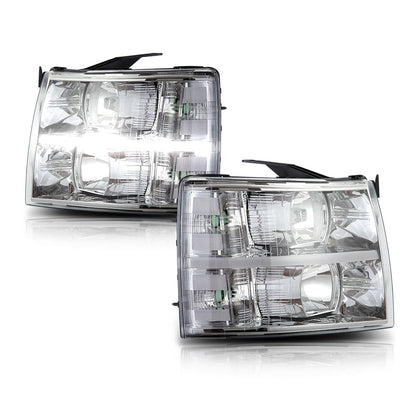 G-PLUS LED DRL Headlights, Fit Chevy Silverado 2500 3500 & HD 2007-2014/Fit Chevy Silverado 1500 2007-2013 Headlamps, Left & Right Clear Lens Chrome Housing Clear Reflector,faros delanteros