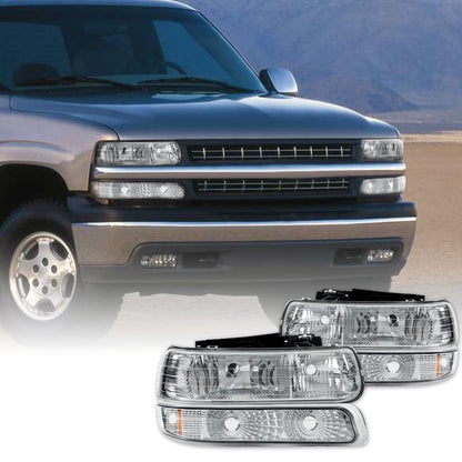 G-PLUS Headlights Assembly Fit Chevy Silverado 1500 2500 & HD 3500 1999-2002/Fit Chevy Suburban/Tahoe 2000-2006 Bumper Headlamps Clear Lens Chrome Housing Amber Reflector,faros delanteros