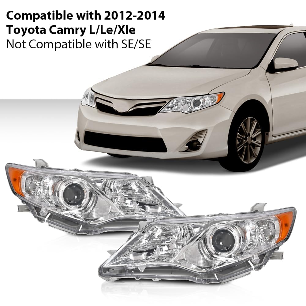 G-PLUS Headlights Assembly Compatible with Toyota Camry L/Le/Xle 2012-2014 Headlamps Pair Halogen Clear Lens Chrome Housing Amber Reflector,faros delanteros