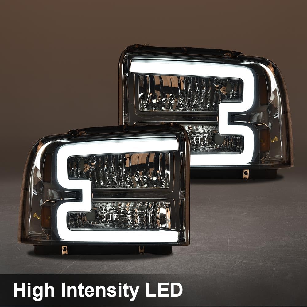 G-PLUS LED DRL Headlights, Compatible with Ford F250 F350 F450 F550 Super Duty 2005-2007 Bumper Headlamps, Smoky Lens Chrome Housing Amber Reflector 6C3Z13008DB FO2502217