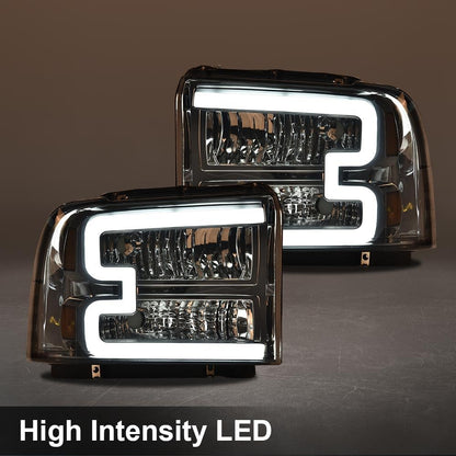 G-PLUS LED DRL Headlights, Compatible with Ford F250 F350 F450 F550 Super Duty 2005-2007 Bumper Headlamps, Smoky Lens Chrome Housing Amber Reflector 6C3Z13008DB FO2502217
