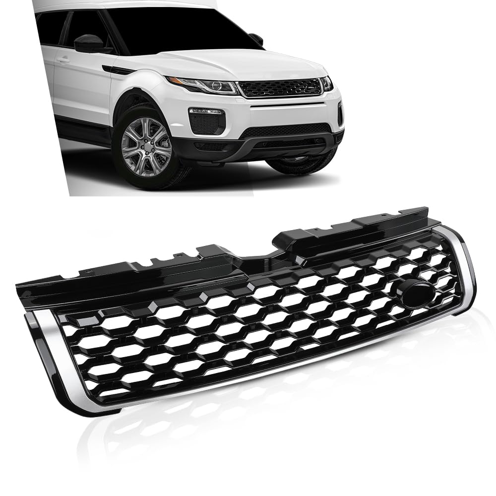 G-PLUS Front Upper Grille Vent Grill with Chrome Trim Compatible with Land Rover Range Rover Evoque 2010-2018 Glossy Black