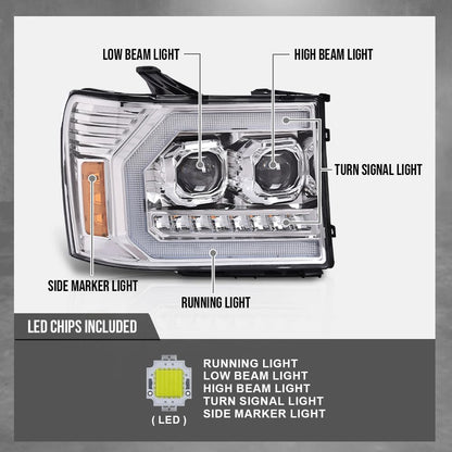 G-PLUS LED DRL Headlights Assembly Compatible with GMC Sierra 1500 2007-2013/Fit GMC Sierra 2500HD 3500HD 2007-2014 Left & Right Headlamps Clear Lens Chrome Housing Amber Reflector,faros delanteros