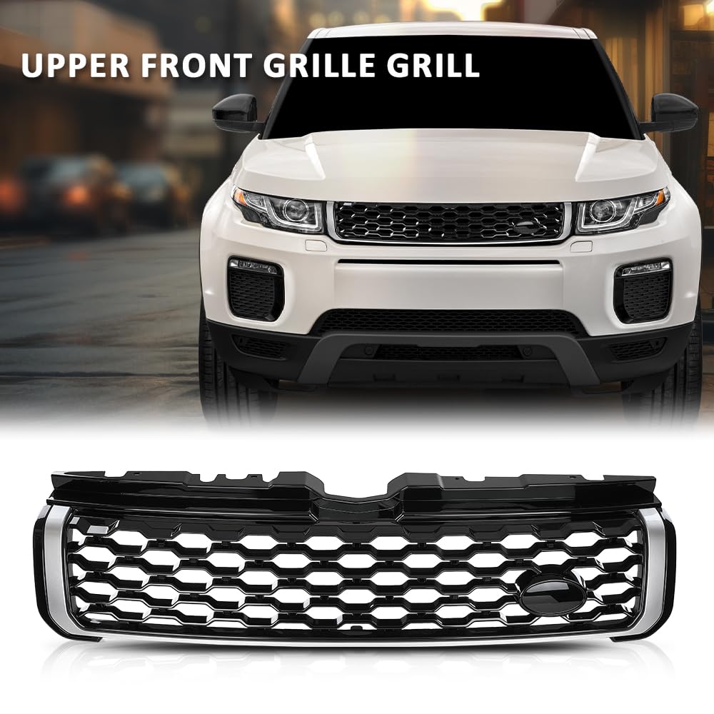 G-PLUS Front Upper Grille Vent Grill with Chrome Trim Compatible with Land Rover Range Rover Evoque 2010-2018 Glossy Black