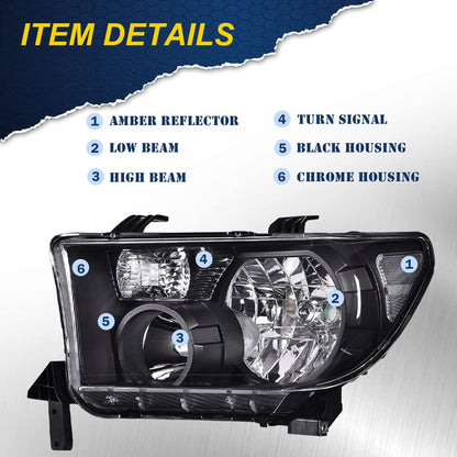 G-PLUS Headlights Assembly, Compatible with 2007-2013 Toyota Tundra /2008-2017 Sequoia Bumper Headlamps, Clear Lens Black Housing Clear Reflector,faros delanteros