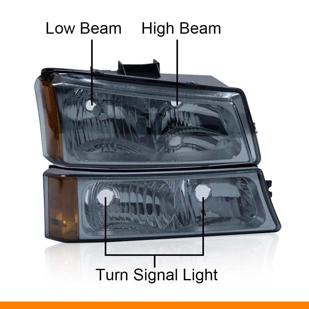 G-PLUS Headlights Assembly + Tail Lights Fit Chevy Silverado 1500 1500 HD 2500 2500 HD 2003-2006, Smoky Lens Chrome Housing Amber Reflector Headlamps Assembly Dark Red Taillights