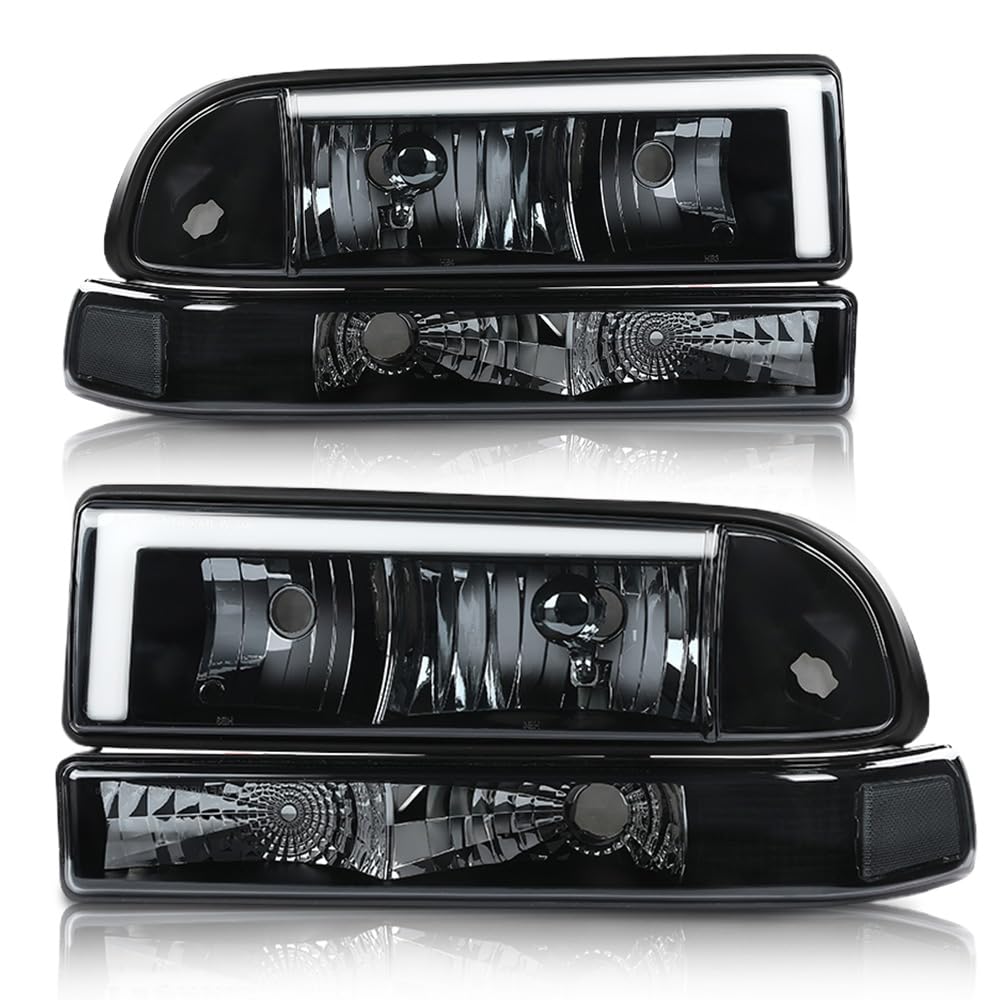 G-PLUS LED Headlights Assembly Front Headlamps Left Right Fit Chevy Blazer 1998-2005, Fit Chevy S10 Pickup 1998-2004 with Bumper Lights Smoke Lens Black Housing Clear Reflector,faros delanteros