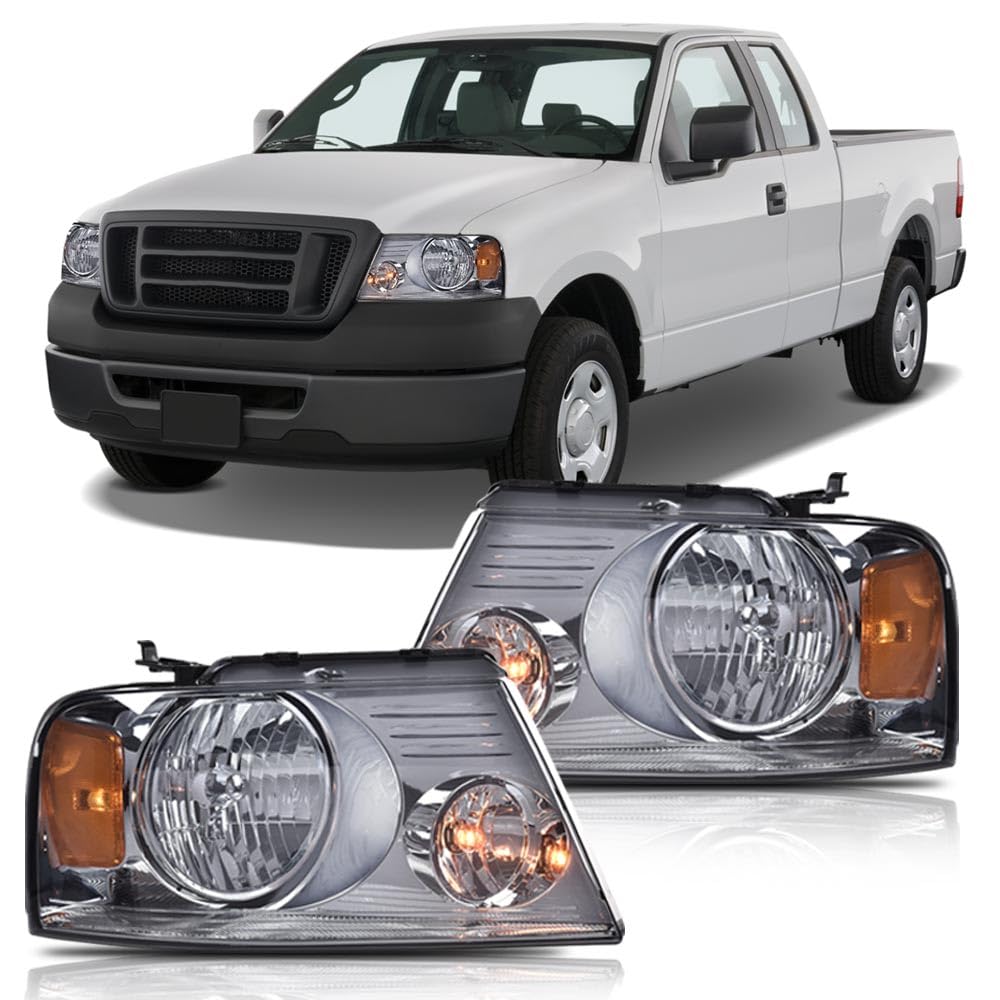 G-PLUS Headlights Assembly, Fit 2004-2008 Ford F150/2006-2008 Lincoln Mark Lt(NOT Fit 2004 F150 Heritage/Flareside Beds),Headlamps Smoky lens Chrome Housing Amber Reflector, faros delanteros