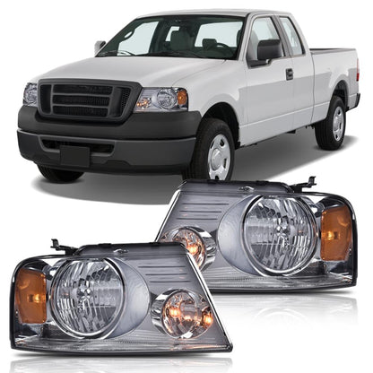 G-PLUS Headlights Assembly, Fit 2004-2008 Ford F150/2006-2008 Lincoln Mark Lt(NOT Fit 2004 F150 Heritage/Flareside Beds),Headlamps Smoky lens Chrome Housing Amber Reflector, faros delanteros