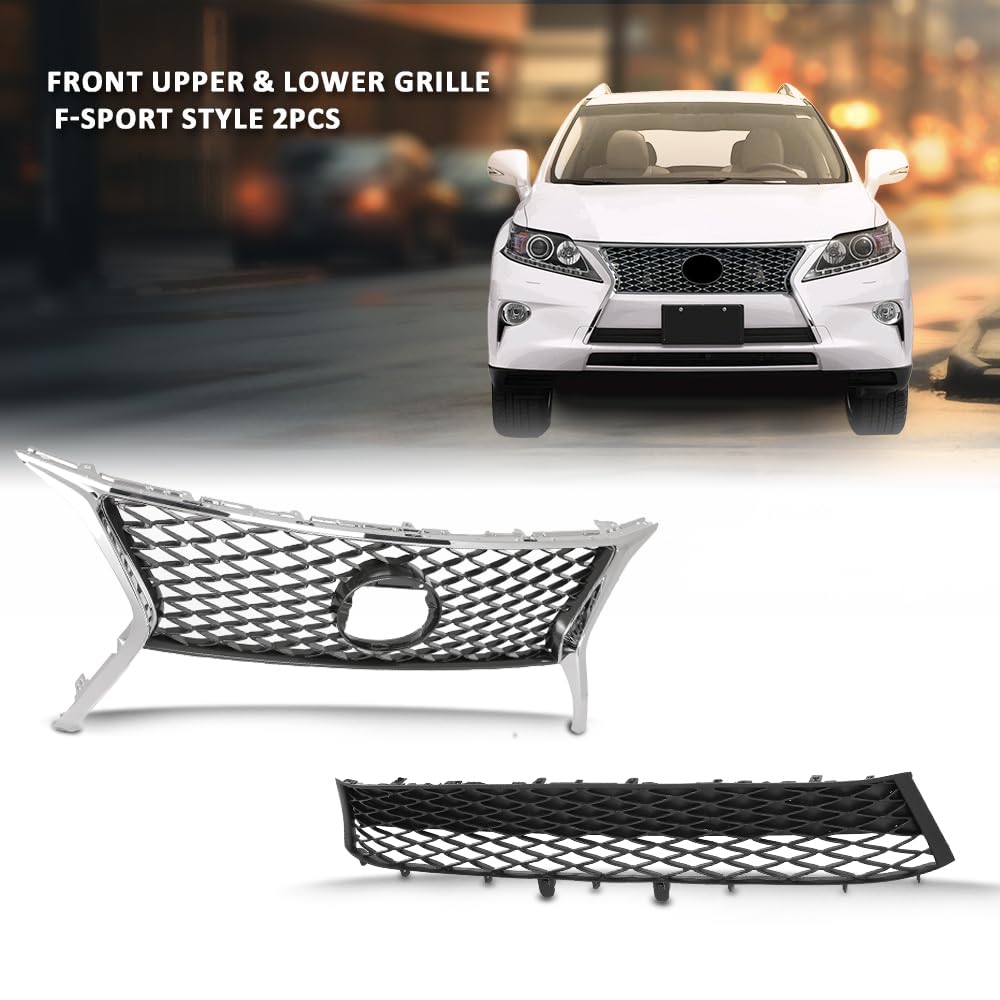 G-PLUS Front Upper Lower Grille 2pc Set Compatible with LX RX350 2013-2015 531120E110, LX1036108, 531010E150, LX1200178 Chrome Black
