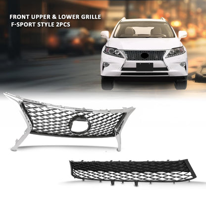 G-PLUS Front Upper Lower Grille 2pc Set Compatible with LX RX350 2013-2015 531120E110, LX1036108, 531010E150, LX1200178 Chrome Black