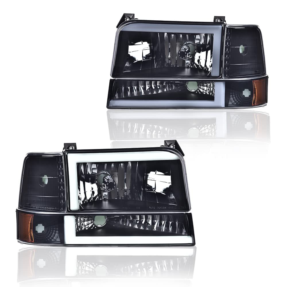 G-PLUS LED DRL Headlights Fit Ford Bronco F150 F250 F350 1992-1996,Fit w/Halogen Headlights Only,Bumper Headlamps, Left & Right Clear Lens Black Housing Amber Reflector,faros delanteros