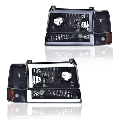 G-PLUS LED DRL Headlights Fit Ford Bronco F150 F250 F350 1992-1996,Fit w/Halogen Headlights Only,Bumper Headlamps, Left & Right Clear Lens Black Housing Amber Reflector,faros delanteros