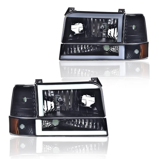 G-PLUS LED DRL Headlights Fit Ford Bronco F150 F250 F350 1992-1996,Fit w/Halogen Headlights Only,Bumper Headlamps, Left & Right Clear Lens Black Housing Amber Reflector,faros delanteros