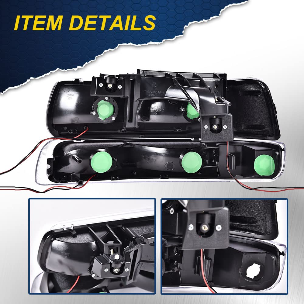G-PLUS LED DRL Headlights, Compatible with 1999 2000 2001 200 2003 2004 2005 2006 Silverado/Suburban Bumper Headlamps, Smoky Lens Chrome Housing Amber Reflector