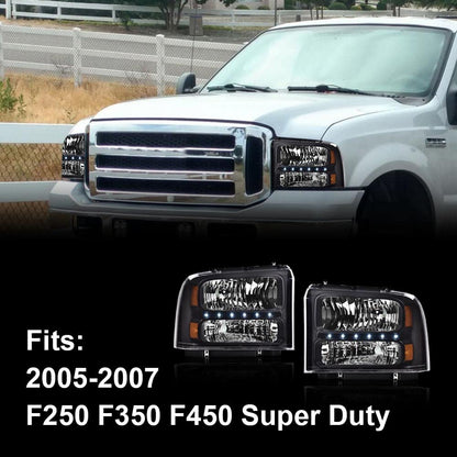 G-PLUS Smoked LED DRL headlights, Compatible with 2005 2006 2007 Ford F250 F350 F450 F550 Super Duty Bumper Headlamps, Clear Lens Black Housing Amber Reflector 6C3Z13008AB,faros delanteros