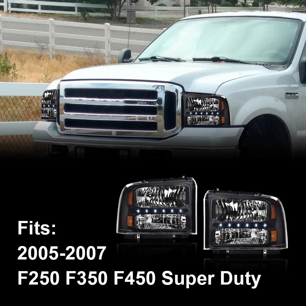 G-PLUS LED Headlights Compatible with Point Style Ford F250 F350 F450 F550 Super Duty 2005-2007 DRL BAR Headlamps Clear Lens Black Housing Amber Reflector,faros delanteros