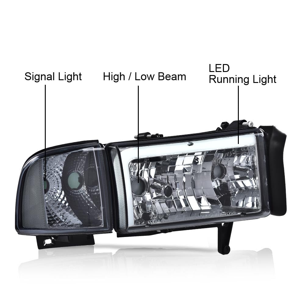 G-PLUS LED Headlights Assembly Fit Dodge Ram 1500 1994-2001/Fit Dodge Ram 2500 3500 1994-2002(Not fit Ram Sport) Headlamps w/o Bulbs Smoky Lens Chrome Housing Clear Reflector,faros delanteros