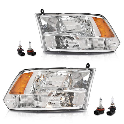 G-PLUS Pair Headlights Assembly with Bulbs Front Headlamp Fit Dodge Ram 1500 2500 3500 2009-2018 Factory Bumper Headlamps Clear Lens Chrome Housing Amber Reflector