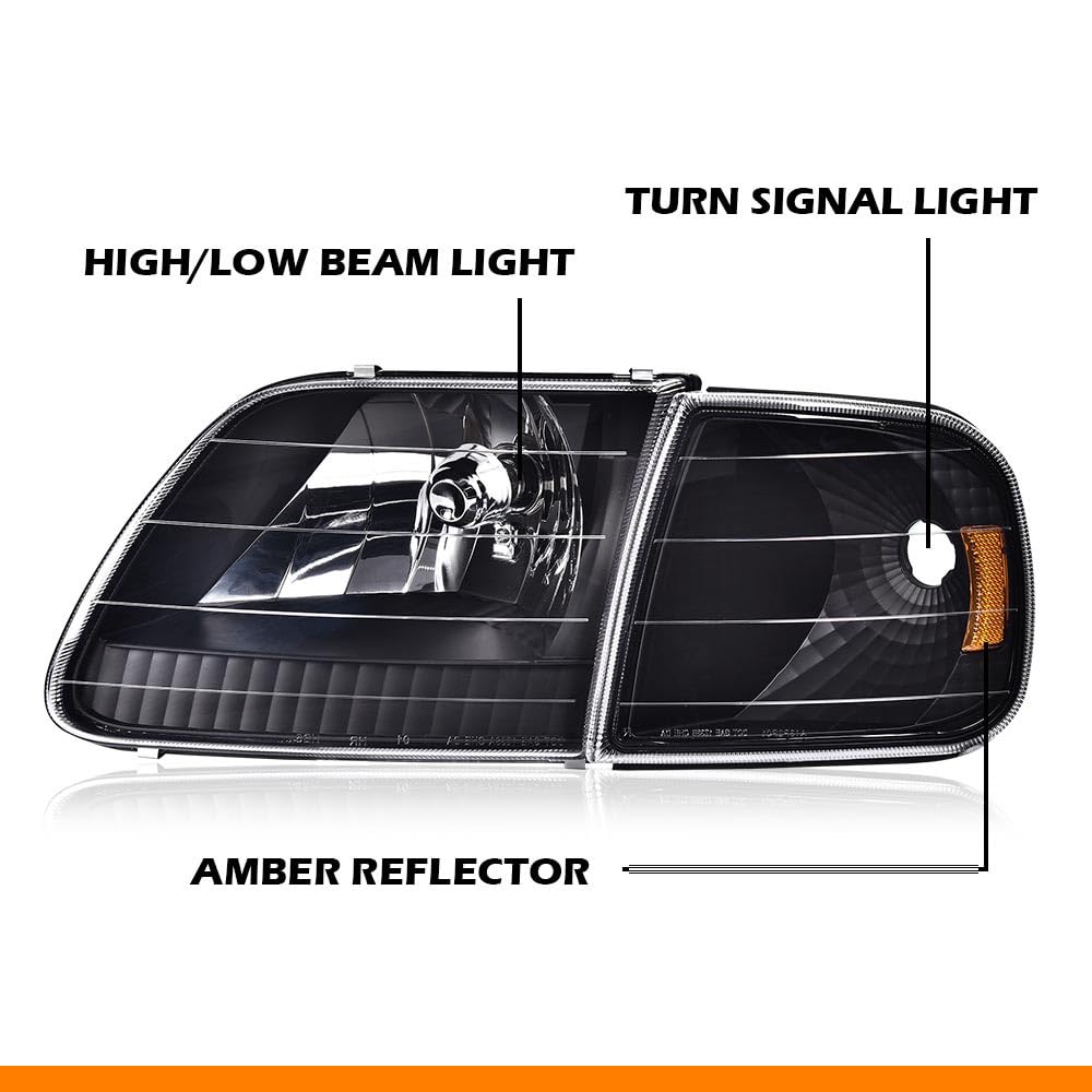 G-PLUS Headlights Assembly with Bulbs, Compatible with Ford Expedition 1997-2002/Fit Ford F150 1998-2003/Fit F250 1997-1999 Bumper Headlamp, Clear lens Black Housing Amber Reflector