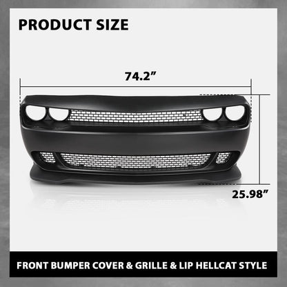 G-PLUS Front Bumper Kit Cover & Grille & Lip & Fog Light Covers Fit 2015 2016 2017 2018 2019 2020 2021 2022 2023 Dodge Challenger Hellcat Style Full Bumper Replacement, Not Fit Demon Models Black