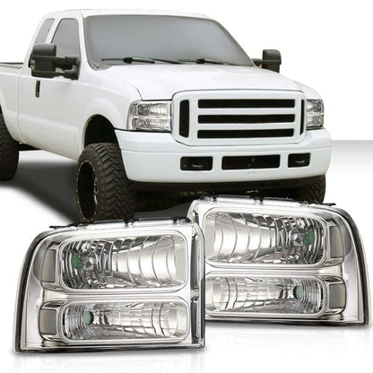 G-PLUS Headlights Compatible with Ford F250 F350 Super Duty 2005 2006 2007 Bumper Headlamps Assembly, Clear Lens Chrome Housing Clear Reflector Left Driver &Right Passenger