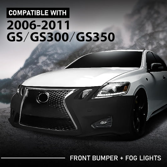 G-PLUS Front Bumper Set (1 × Bumper, 1 × Grille, 2 × Fog Light Cover, 2 × Fog Light) Compatible with 2006-2011 LX GS GS300 GS350 to 16+ GS F Style Black
