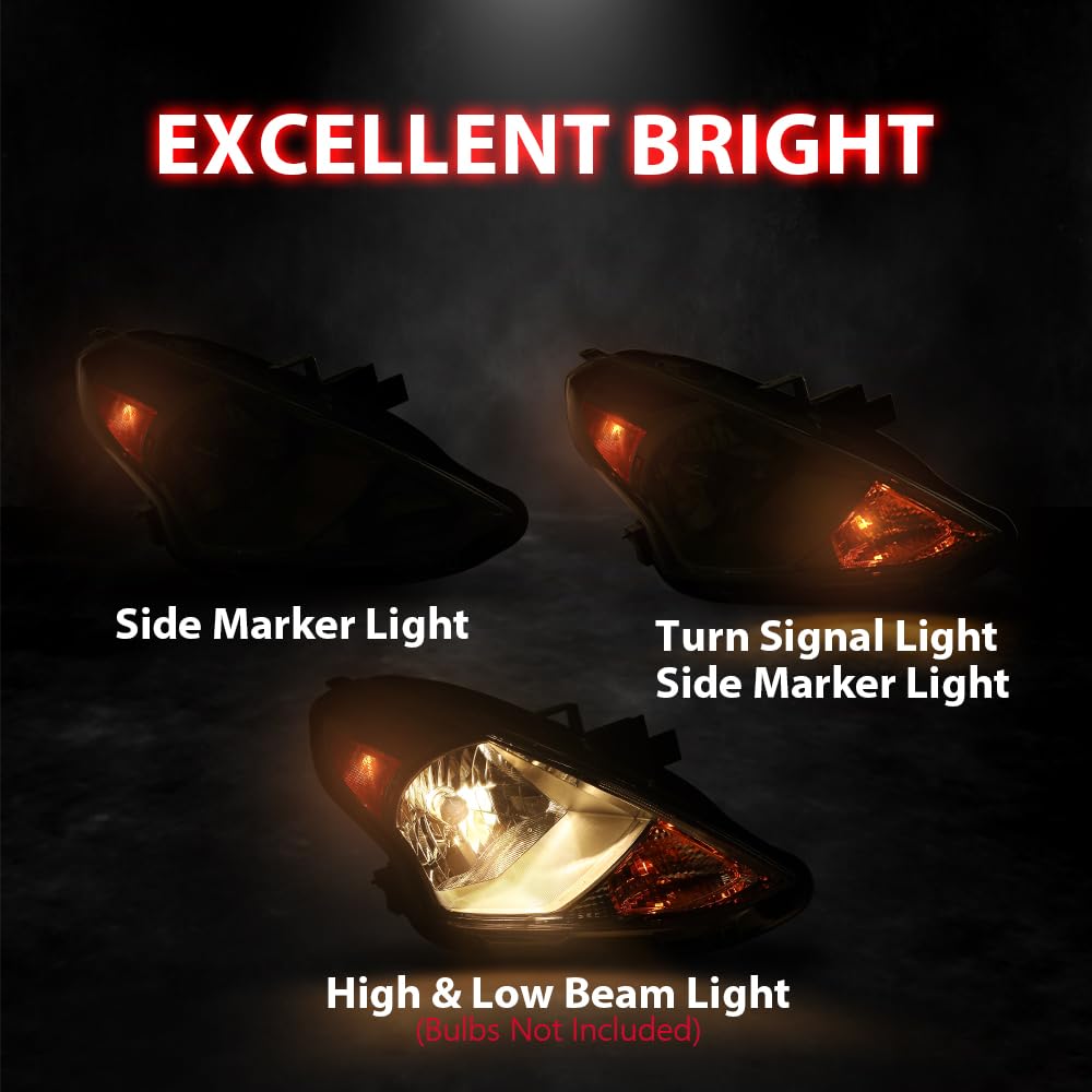 G-PLUS Headlights Assembly Compatible with Nissan Versa 2015-2019 Headlamps w/Bulbs 2Pc Pair Left & Right Side Halogen Clear Lens Chrome Housing Amber Reflector,faros delanteros