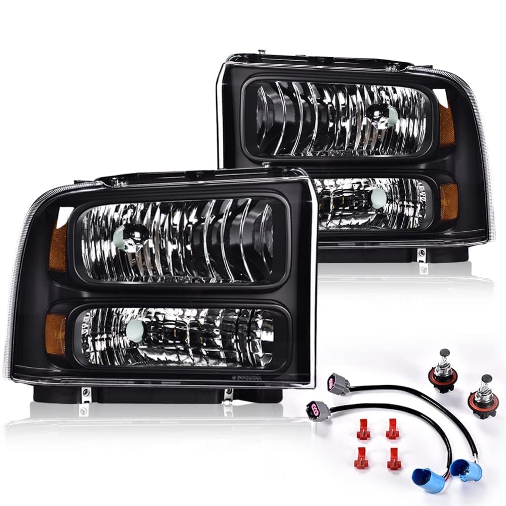 G-PLUS Headlights Assembly, Fit Ford F250 F350 F450 F550 Super Duty 1999-2004/Fit Ford Excursion 2000-2004 Bumper Headlamps, Clear Lens Black Housing Amber Reflector,faros delanteros
