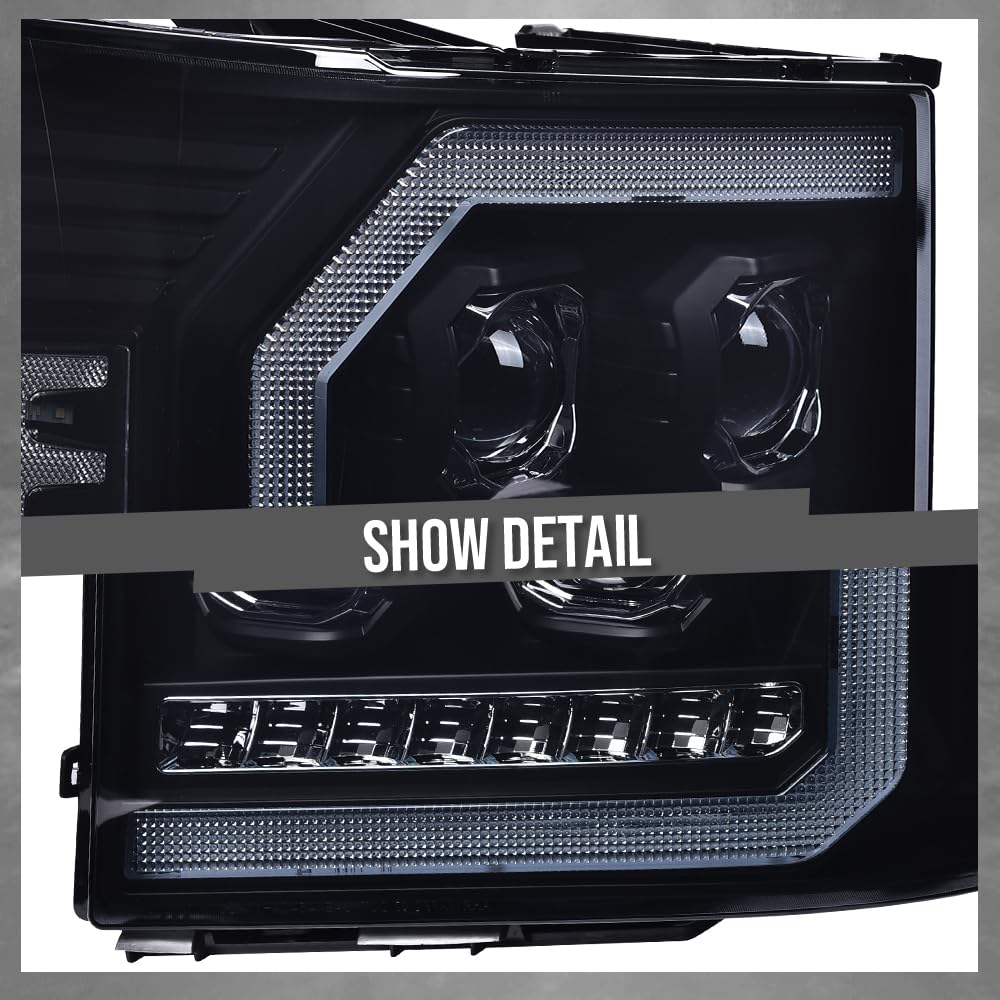 G-PLUS LED DRL Headlights Assembly Compatible with GMC Sierra 1500 2007-2013/Fit GMC Sierra 2500HD 3500HD 2007-2014 Smoky Lens Black Housing Clear Reflector Left & Right Headlamps,faros delanteros