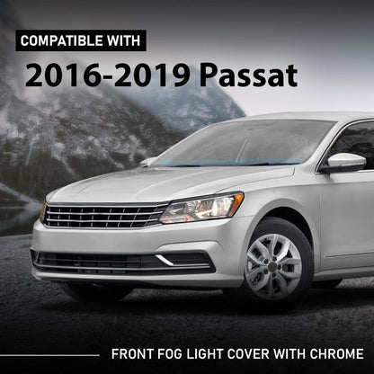 G-PLUS Front Left Fog Light Cover w/Chrome Trim Compatible with Volkswagen Passat 2016-2019 Black Driver Side without Sensor Hole