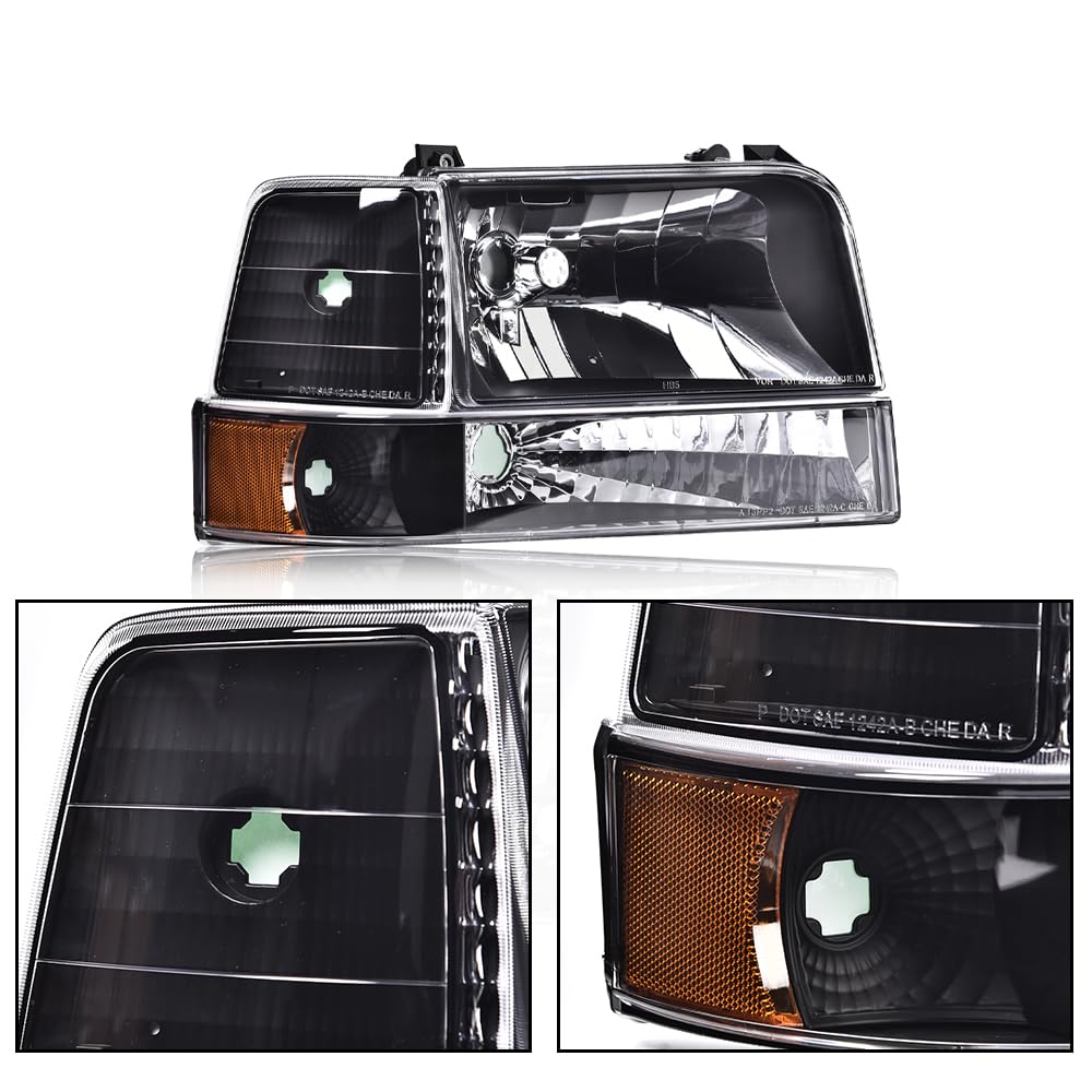 G-PLUS Headlights Fit Ford F150 250 350 Bronco/F-Super Duty 1992-1997 w/Corner Signal Driver Passenger Headlamps Clear Lens Black Housing Amber Reflector,faros delanteros