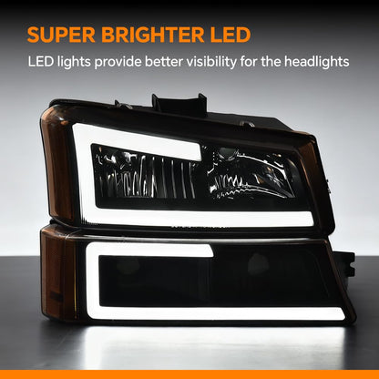 G-PLUS LED Headlights & Fog Lights Left and Right Compatible with Chevy Avalanche 2003-2006 / Silverado 1500 2500 3500 & HD (Clear Lens Black Housing Amber Reflector Headlight + Fog Light)