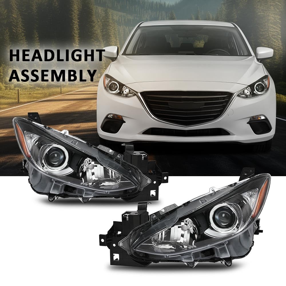G-PLUS Projector Headlights Assembly Headlamps Compatible with Mazda 3 2014 2015 2016,Clear Lens Black Housing Amber Reflector,faros delanteros BPW1510K0 BPW1510L0