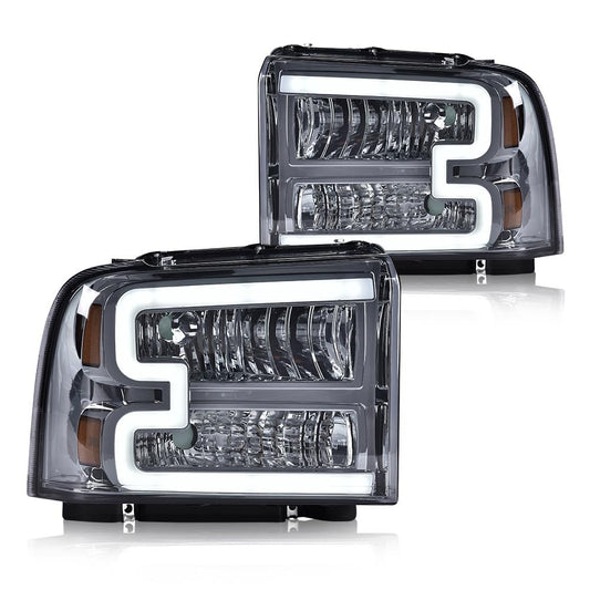 G-PLUS LED Headlights Compatible with Ford F250 F350 F450 F550 Super Duty 2005-2007 DRL BAR Headlamps Smoky Lens Chrome Housing Amber Reflector,faros delanteros