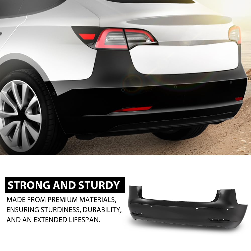 G-PLUS Rear Bumper Cover Compatible with Tesla Model 3 2017 2018 2019 2020 2021 2022 w/Sensor Holes, 1108905S0A, TA1100100, Black