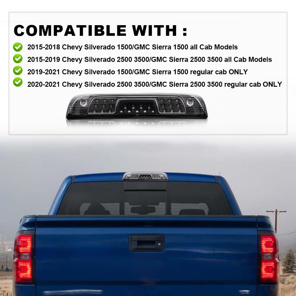 G-PLUS LED 3rd Third Brake Light Compatible with Chevy Silverado GMC Sierra 1500 2500 HD 3500 HD 2014-2018 High Mount Brake Light(Black Housing Clear Lens) 23509162, 20979071